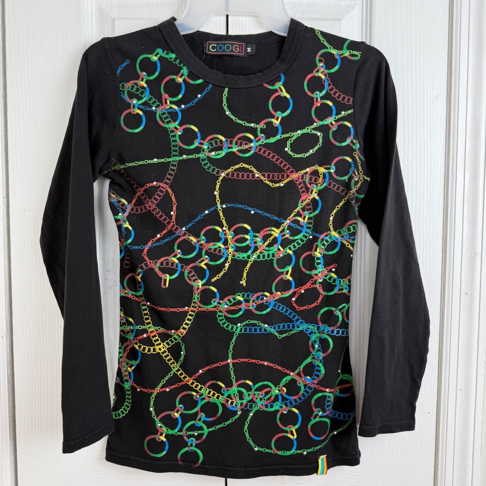 COOGI Rainbow Chain Print Rhinestone Long Sleeve Top Womens‎ Medium Black Y2K